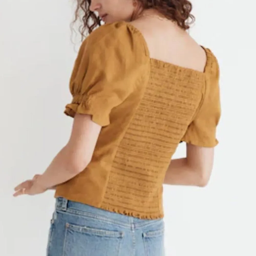 Madewell Button Front Smocked Back Hemp Puff Sleeve Top Bronze Yellow Size 6
